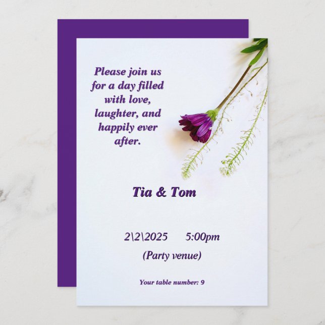 Une simple invitation en blanc et violet (Devant / Derrière)