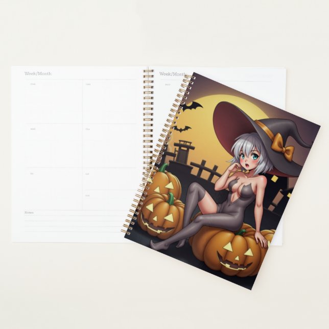 Une sorcière d'Halloween aux yeux verts sur Jack-O (Devant avec enveloppe)