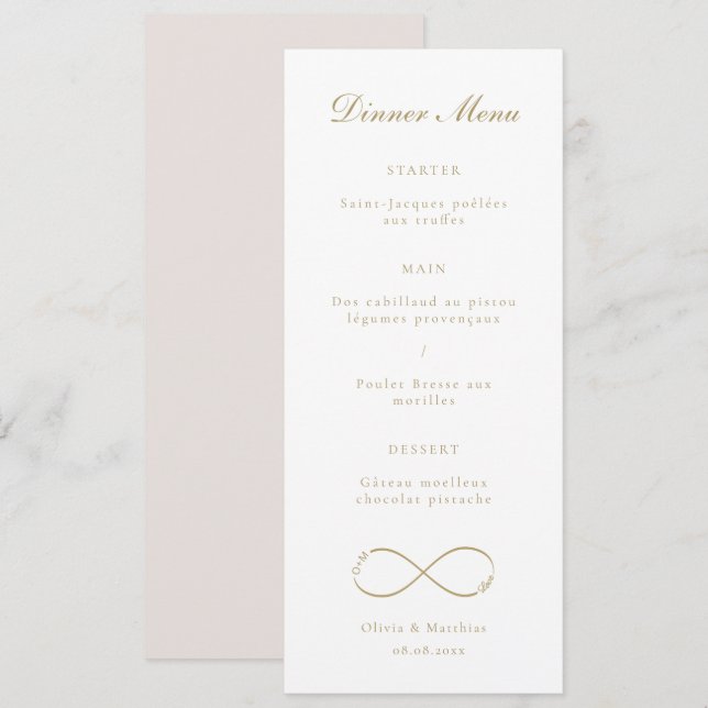 Unendliche Liebe Monogram Gold Weißes Hochzeitesse Menükarte (Vorne/Hinten)