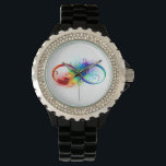 Unendliches Symbol mit Regenbogenfederhalter Armbanduhr<br><div class="desc">Künstlich gezeichnet Unendlichkeitssymbol mit schöner Regenbogenfeder auf weißem Hintergrund. Tattoo-Stil.</div>