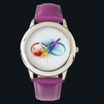 Unendliches Symbol mit Regenbogenfederhalter Armbanduhr<br><div class="desc">Künstlich gezeichnet Unendlichkeitssymbol mit schöner Regenbogenfeder auf weißem Hintergrund. Tattoo-Stil.</div>