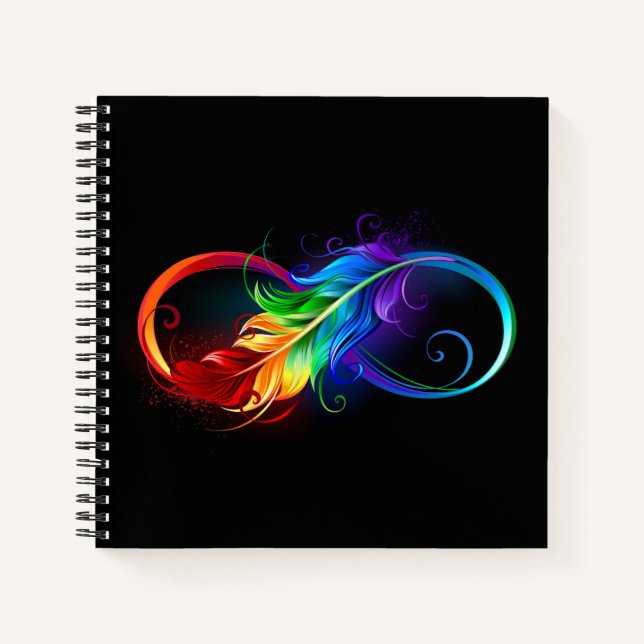 Unendliches Symbol mit Regenbogenfederhalter Notizbuch (Vorderseite)