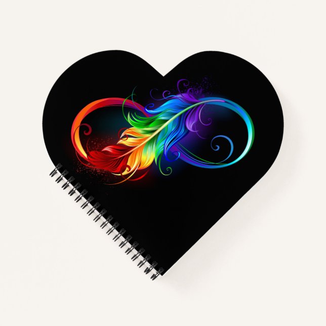 Unendliches Symbol mit Regenbogenfederhalter Notizbuch (Vorderseite)