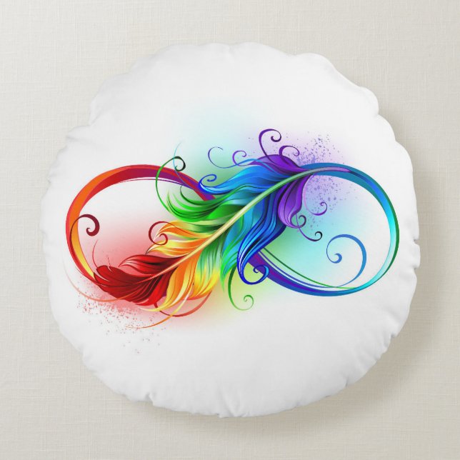Unendliches Symbol mit Regenbogenfederhalter Rundes Kissen (Vorderseite)