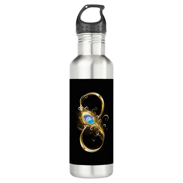 Unendlichkeit mit Golden Peacock Feather Edelstahlflasche (Vorderseite)