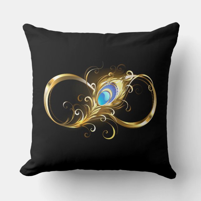 Unendlichkeit mit Golden Peacock Feather Kissen (Vorderseite)