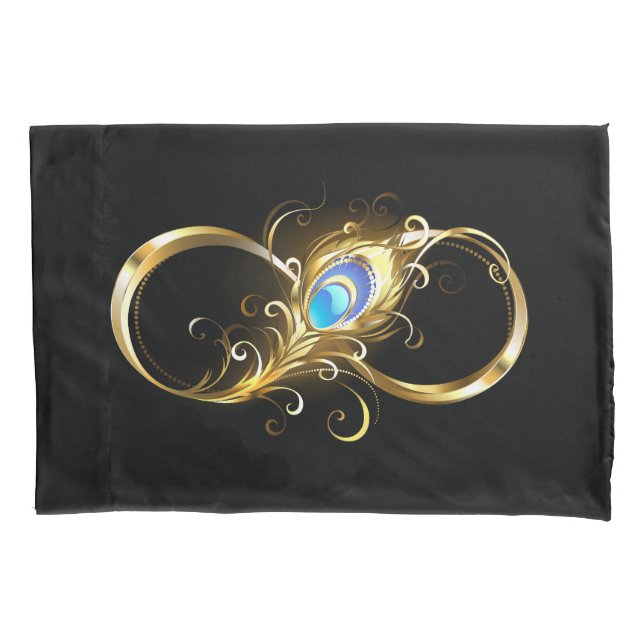 Unendlichkeit mit Golden Peacock Feather Kissenbezug (Vorderseite)