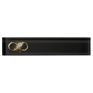 Unendlichkeit mit Golden Peacock Feather Namensplakette