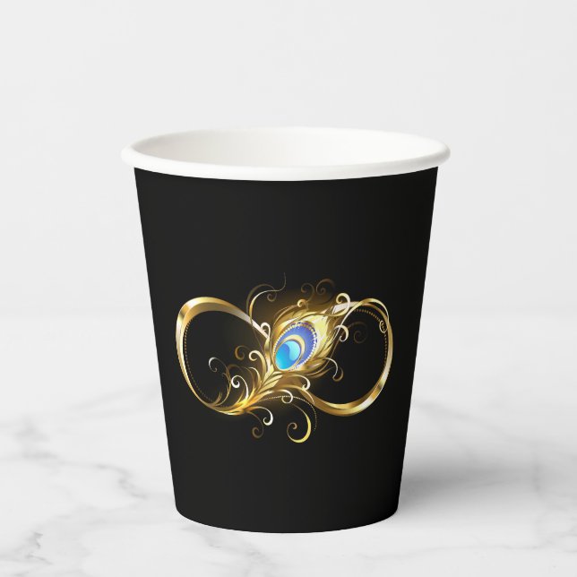 Unendlichkeit mit Golden Peacock Feather Pappbecher (Vorderseite)