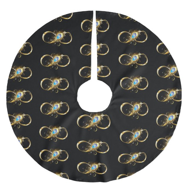 Unendlichkeit mit Golden Peacock Feather Polyester Weihnachtsbaumdecke (Vorderseite)