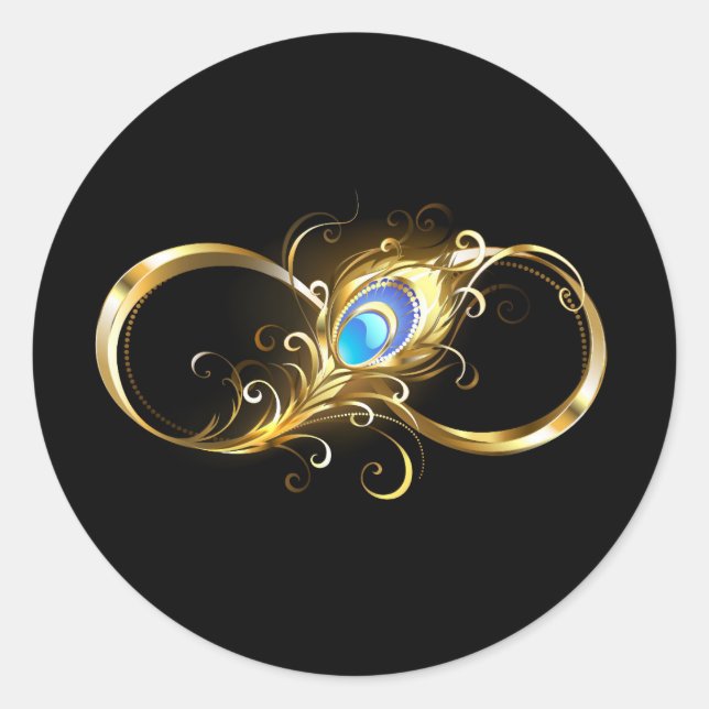 Unendlichkeit mit Golden Peacock Feather Runder Aufkleber (Vorderseite)