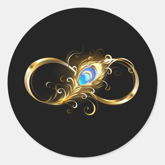 Unendlichkeit mit Golden Peacock Feather Runder Aufkleber (Vorderseite)