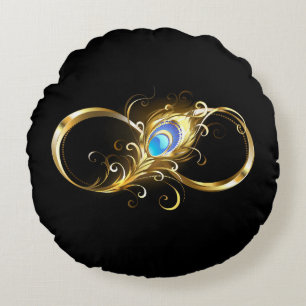Unendlichkeit mit Golden Peacock Feather Rundes Kissen