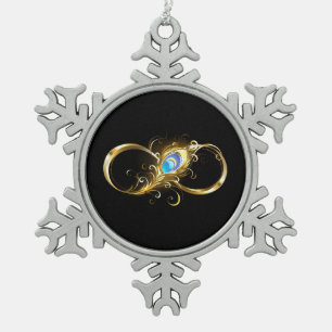 Unendlichkeit mit Golden Peacock Feather Schneeflocken Zinn-Ornament