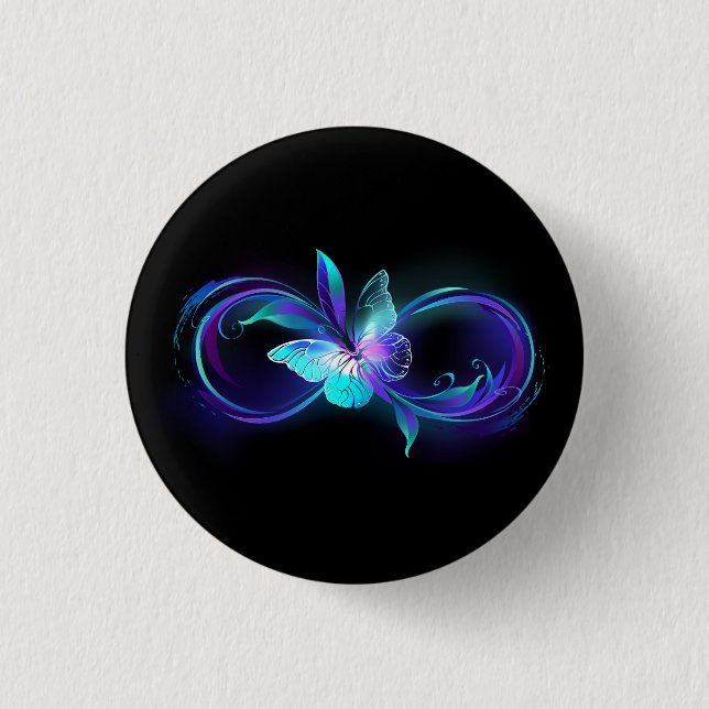 Unendlichkeit mit Zauberschmetterling glänzen Button (Vorderseite)
