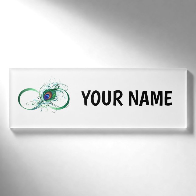 Unendlichkeitssymbol mit Peacock Feather Namenschild (Vorderseite)