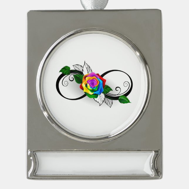 Unendlichkeitssymbol mit Rainbow-Rose Banner-Ornament Silber (Vorderseite)