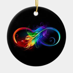 Unendlichkeitssymbol mit Regenbogen-Feder Keramik Ornament