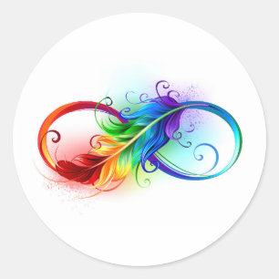 Unendlichkeitssymbol mit Regenbogen-Feder Runder Aufkleber