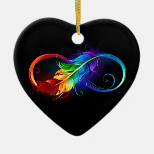 Unendlichkeitssymbol mit Regenbogenfeder Keramik Ornament