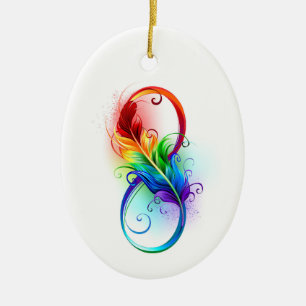 Unendlichkeitssymbol mit Regenbogenfeder Keramik Ornament