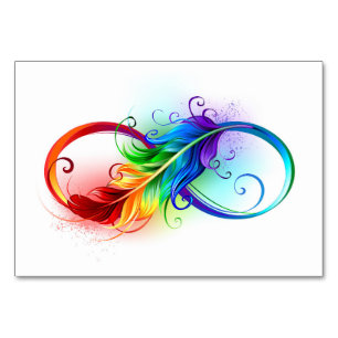 Unendlichkeitssymbol mit Regenbogenfeder Tischnummer
