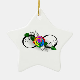 Unendlichkeitssymbol mit Regenbogenrose Keramik Ornament