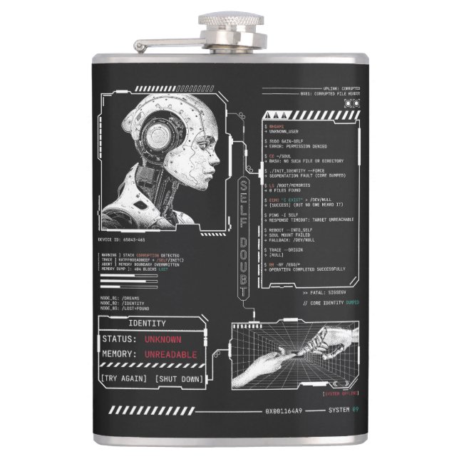 Unerkannt - Techno-Brutalist Streetwear Design Flachmann (Vorderseite)