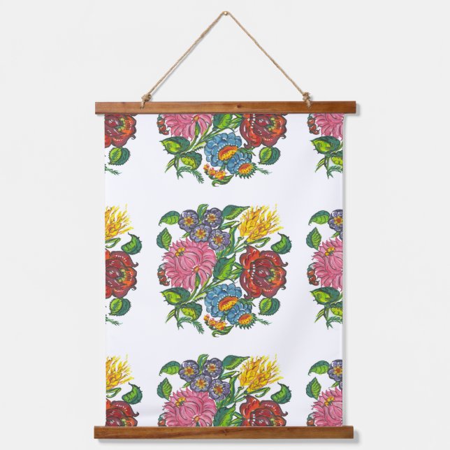 Ungarisch Floral - Kalocsai-Motive Wandteppich Mit Holzrahmen (Vorderseite)