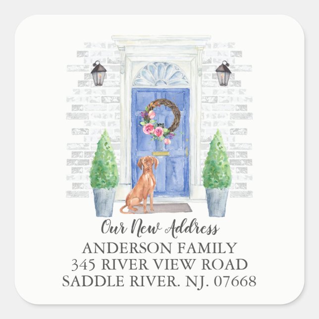 Ungarisch Vizsla Blue Door New Address Label Quadratischer Aufkleber (Vorderseite)