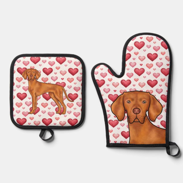 Ungarisch Vizsla Dog Liebe Rosa Herzmuster Ofenhandschuh & Topflappen-Set (Vorderseite)