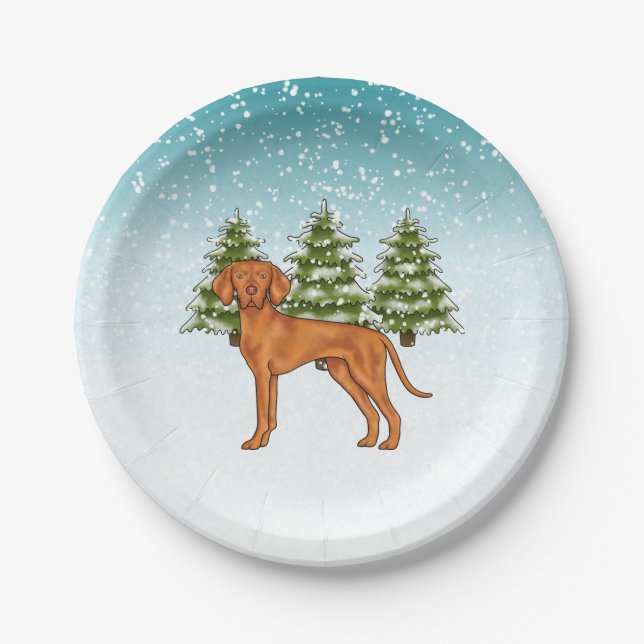 Ungarisch Vizsla Dog Snowy Winterwald Festival Pappteller (Vorderseite)