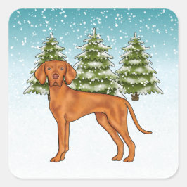 Ungarisch Vizsla Dog Snowy Winterwald Festival Quadratischer Aufkleber