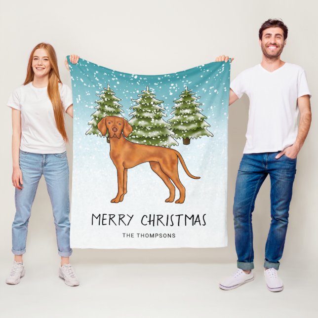 Ungarisch Vizsla Dog Snowy Winterwald und Text Fleecedecke (Beispiel)