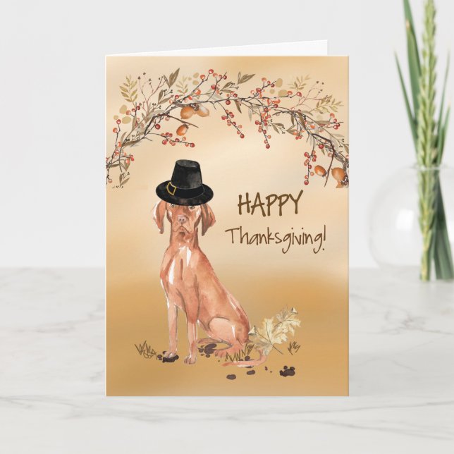 Ungarisch Vizsla Funny Pilgrim Hat Erntedank Karte (Vorderseite)