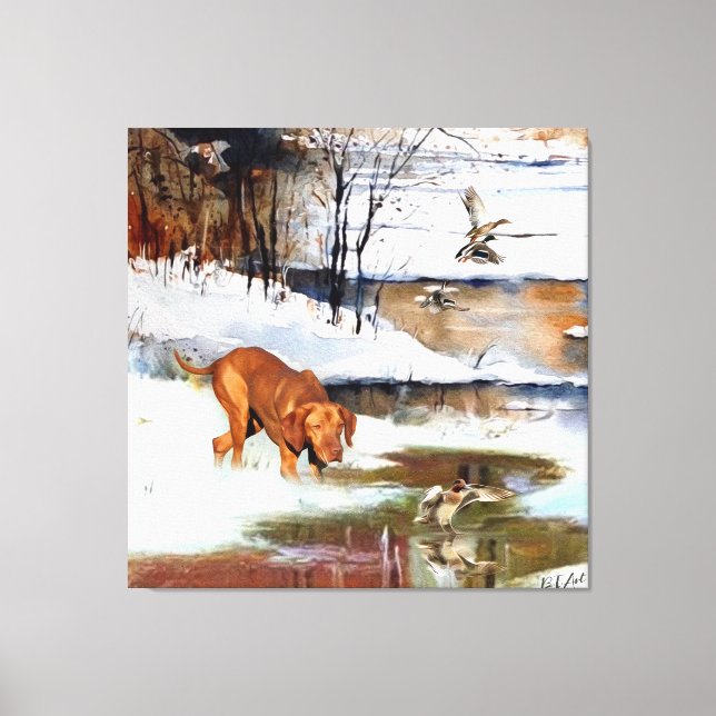 Ungarisch Vizsla, Jagd auf Enten im Winter Leinwanddruck (Vorderseite)