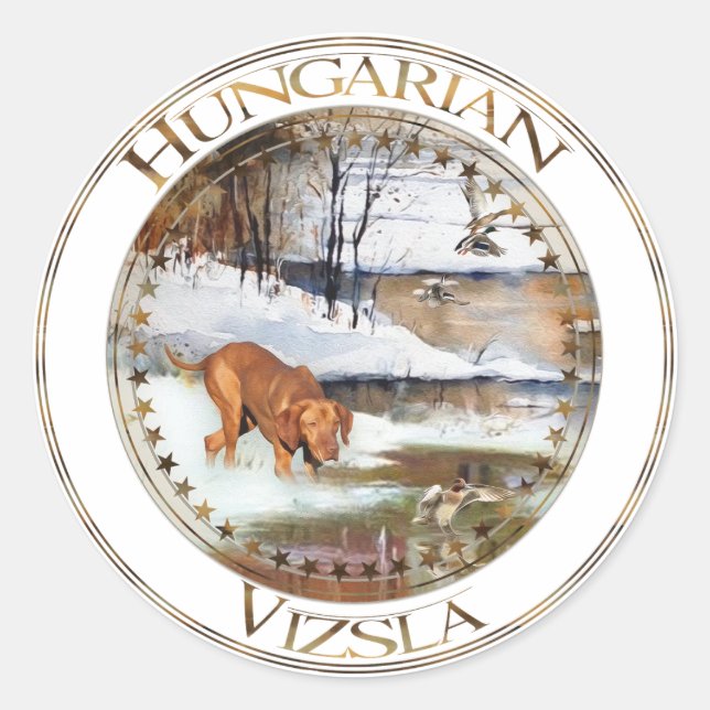 Ungarisch Vizsla, Jagd auf Enten im Winter Runder Aufkleber (Vorderseite)