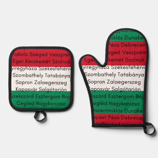 Ungarische Flaggenfarben mit Städten Ofenhandschuh & Topflappen-Set (Vorderseite)