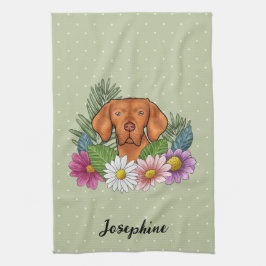 Ungarische Vizsla und farbenfrohe Sommer-Blume Grü Geschirrtuch