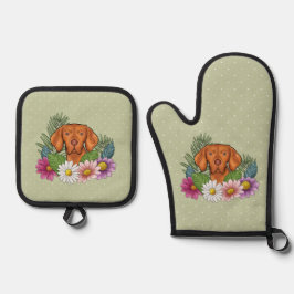 Ungarische Vizsla und farbenfrohe Sommer-Blume Grü Ofenhandschuh & Topflappen-Set