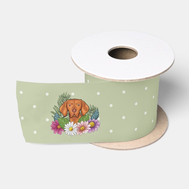 Ungarische Vizsla und farbenfrohe Sommer-Blume Grü Satinband (Spule)