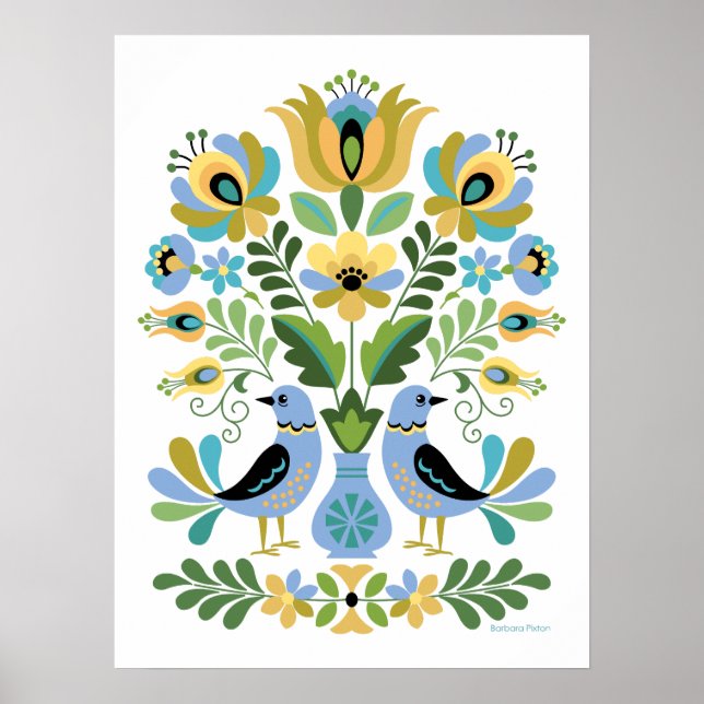 Ungarische Volkskunst - Vögel in Blau und Gold Poster (Vorne)