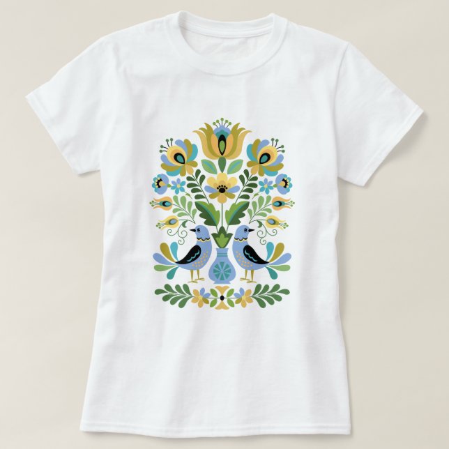 Ungarische Volkskunst - Vögel in Blau und Gold T-Shirt (Design vorne)