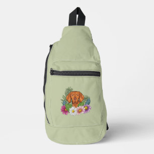 Ungarischer Vizsla und bunte Sommerblumen grün Crossbody Bag