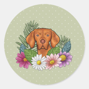 Ungarischer Vizsla und farbenfrohe Sommerblumen Gr Runder Aufkleber