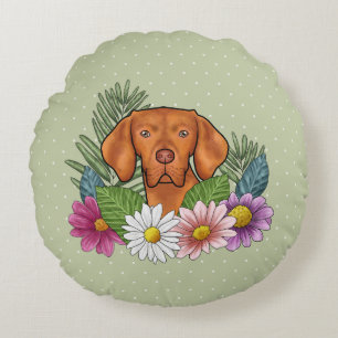 Ungarischer Vizsla und farbenfrohe Sommerblumen Gr Rundes Kissen