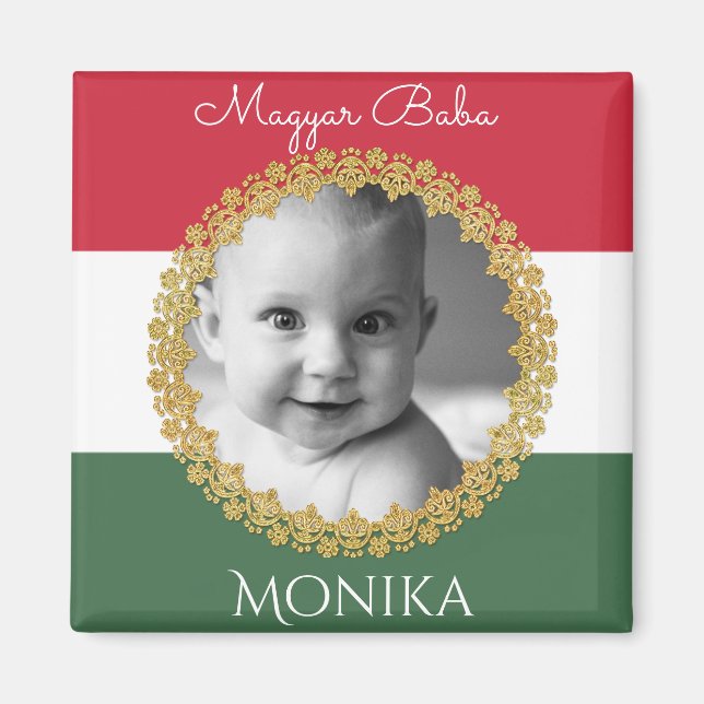 Ungarisches Baby mit Foto und Name Magnet (Vorne)