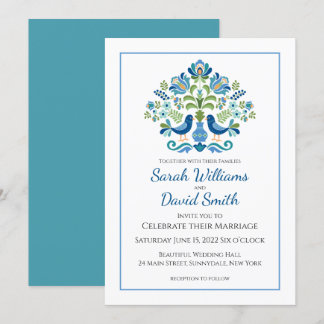 Ungarisches Design Blaue Vögel Einladung Hochzeit