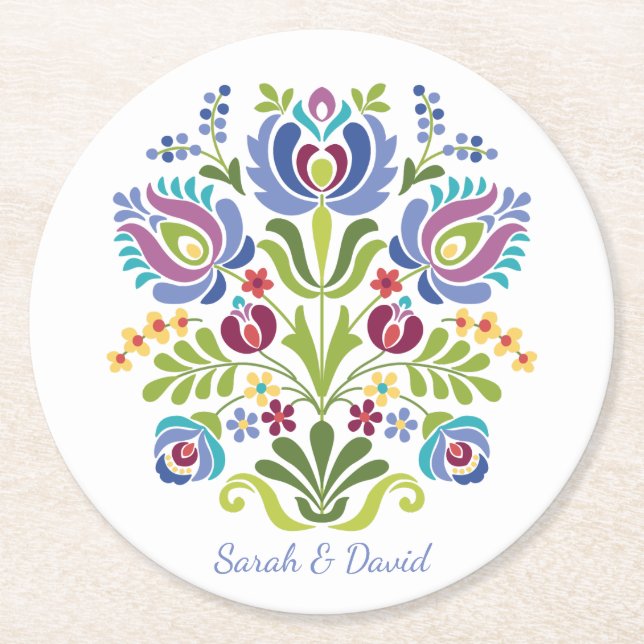 Ungarisches Design Violet Floral Runder Pappuntersetzer (Vorderseite)