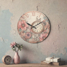 Ungeordnete Steampunk-Uhren und florale Wanduhr